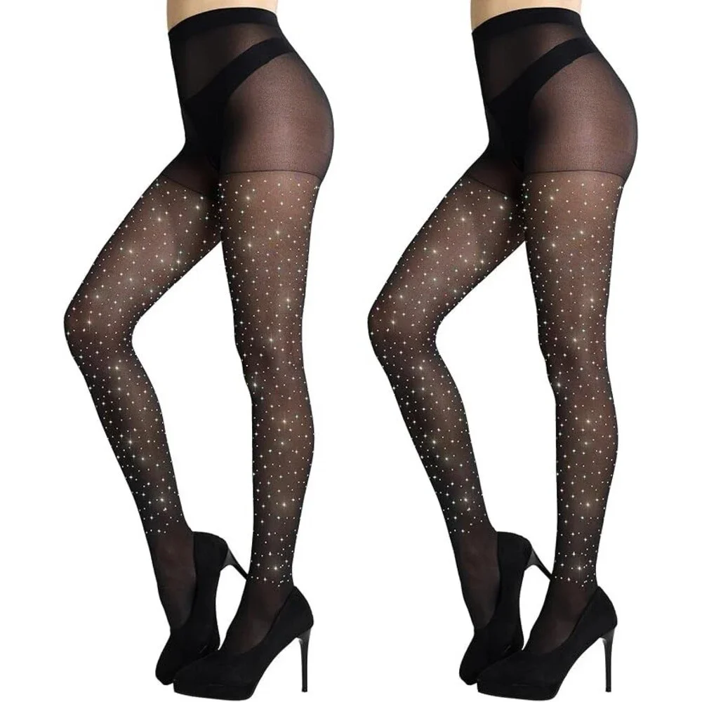MANZI Rhinestone Sheer Tights Sparkle Shimmer Pantyhose Black Small-Medium 2PK